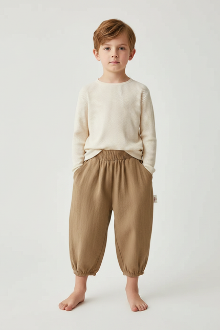 Pantalon Marron Ample Coton Élastique Confortable Enfant - Molleton