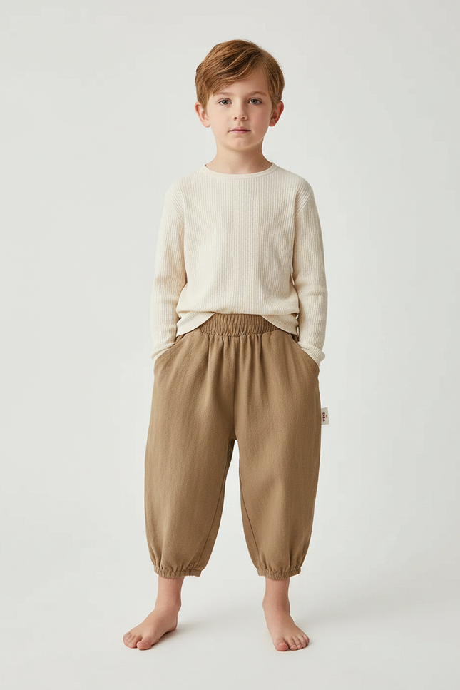 Pantalon Marron Ample Coton Élastique Confortable Enfant - Molleton