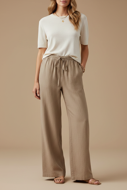Pantalon Marron Ample Cordon Fluide Décontracté Femme - Kaki Lin