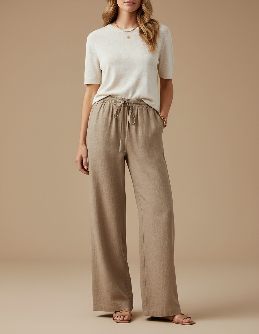 Pantalon Marron Ample Cordon Fluide Décontracté Femme - Kaki Lin