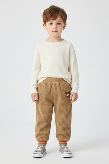 Pantalon Marron Côtelé Ample Décontracté Enfant Ourson - Cordé