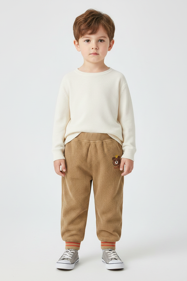 Pantalon Marron Côtelé Ample Décontracté Enfant Ourson - Cordé