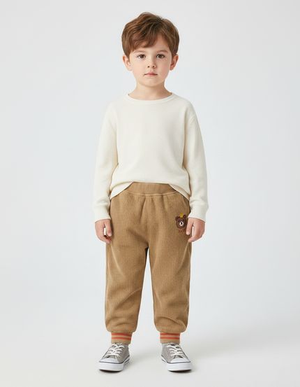 Pantalon Marron Côtelé Ample Décontracté Enfant Ourson - Cordé