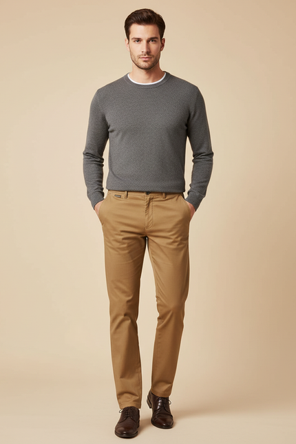 Pantalon Marron Chino Coton Slim Élégant Homme