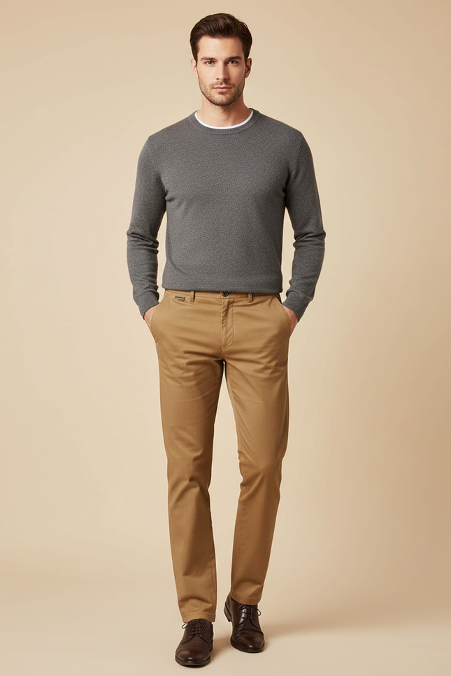 Pantalon Marron Chino Coton Slim Élégant Homme