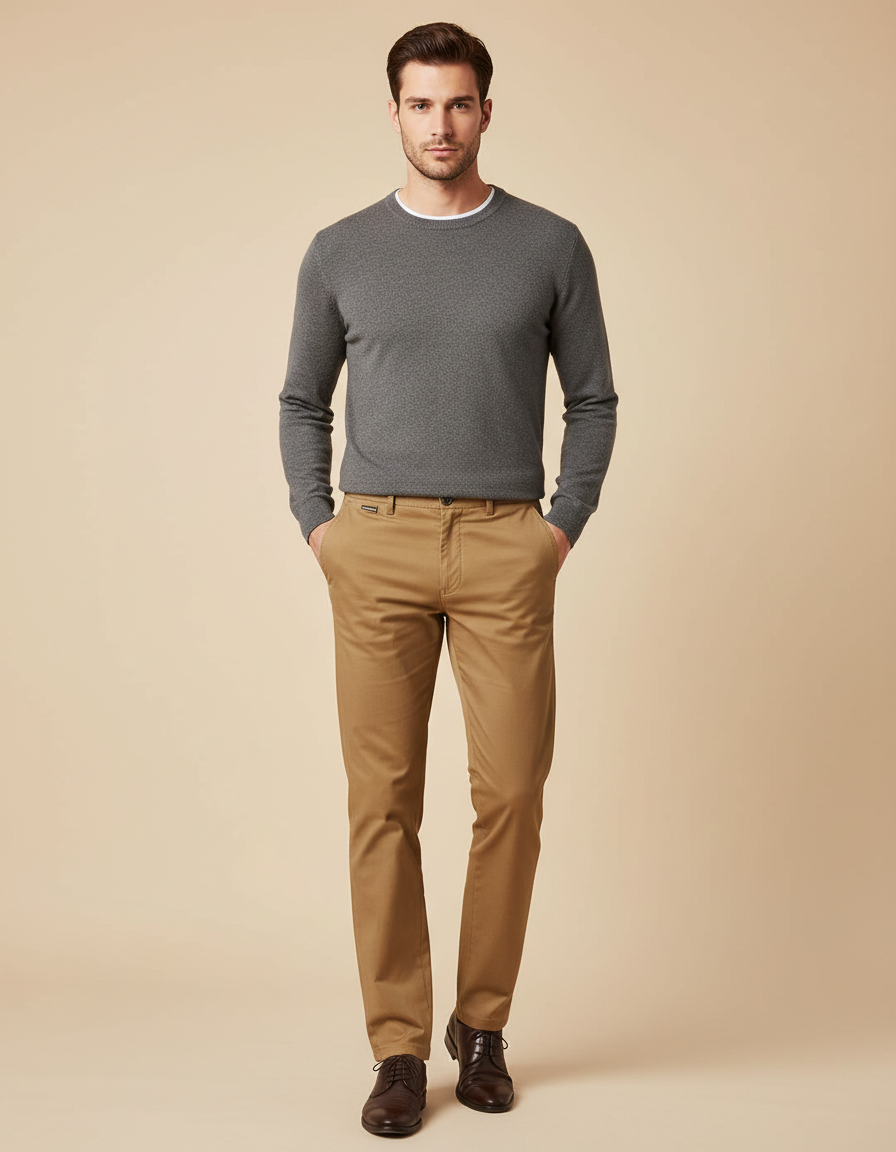 Pantalon Marron Chino Coton Slim Élégant Homme