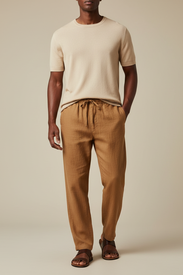 Pantalon Marron Lin Ample Cordon Décontracté Homme