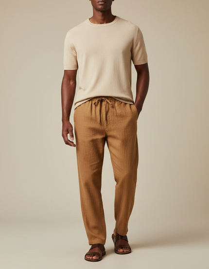 Pantalon Marron Lin Ample Cordon Décontracté Homme