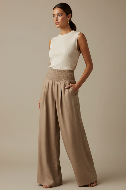 Pantalon Marron Fluide Plissé Taille Haute Élégant Femme - Lin