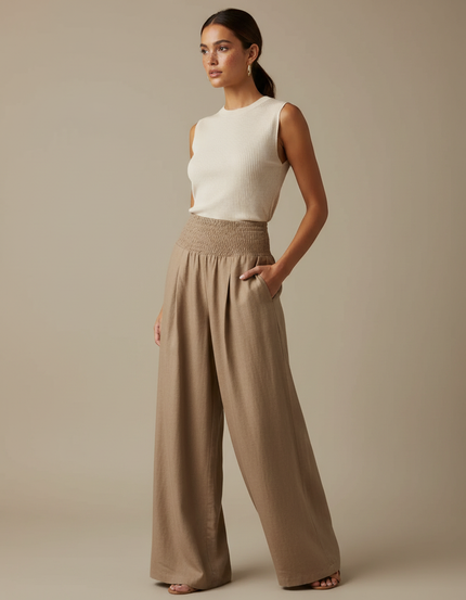 Pantalon Marron Fluide Plissé Taille Haute Élégant Femme - Lin