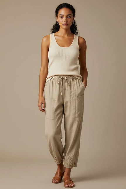 Pantalon Marron Lin Ample Décontracté Femme Cordon - Beige