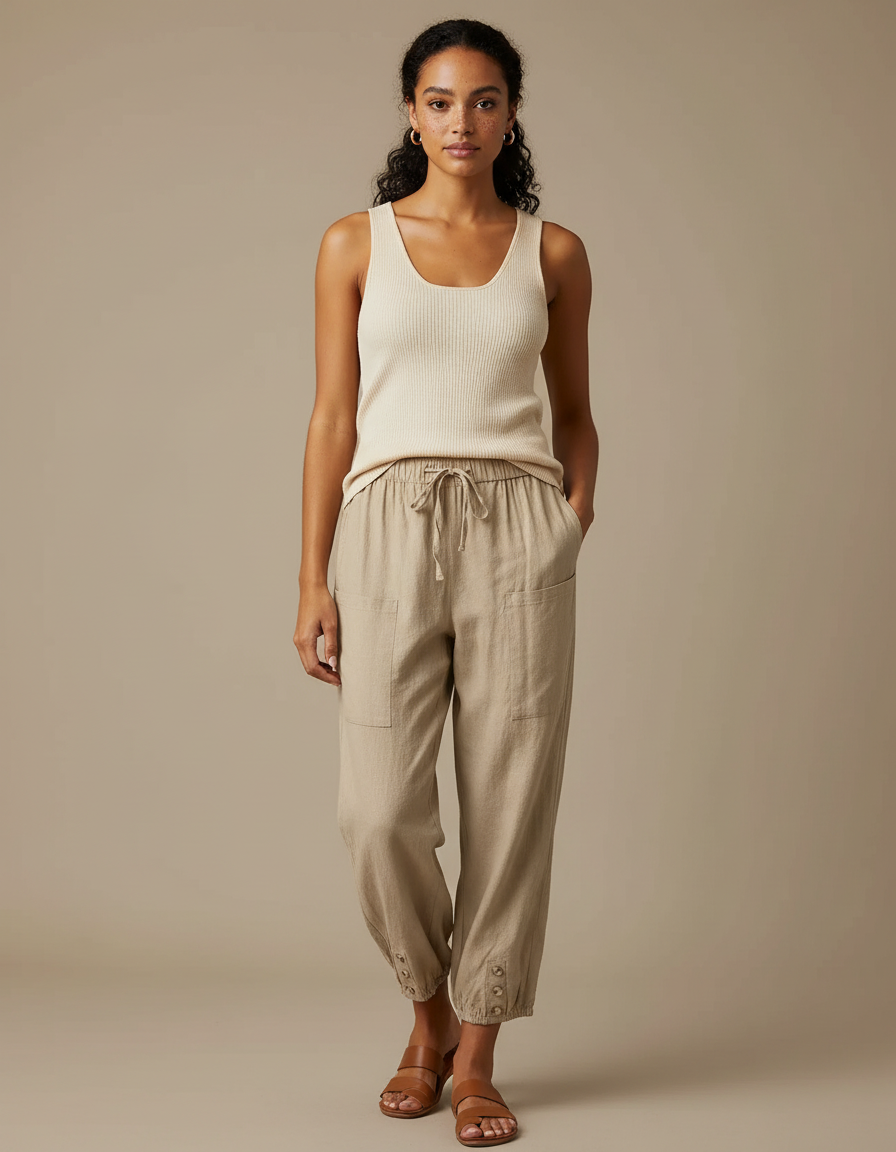 Pantalon Marron Lin Ample Décontracté Femme Cordon - Beige