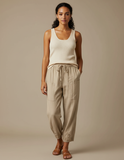 Pantalon Marron Lin Ample Décontracté Femme Cordon - Beige