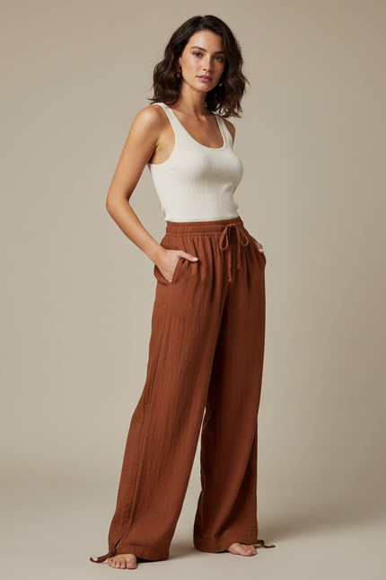 Pantalon Marron Fluide Ample Coton Lin Femme