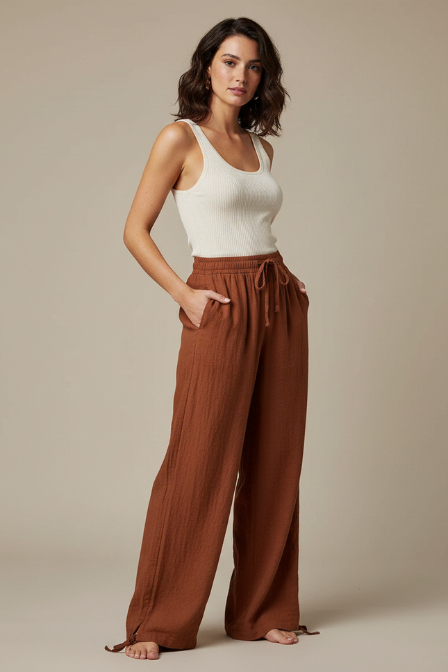 Pantalon Marron Fluide Ample Coton Lin Femme