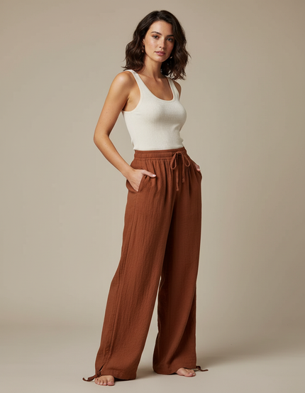 Pantalon Marron Fluide Ample Coton Lin Femme