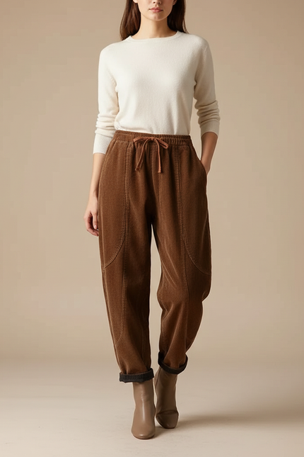Pantalon Marron Côtelé Ample Décontracté Femme Hiver - Cordé