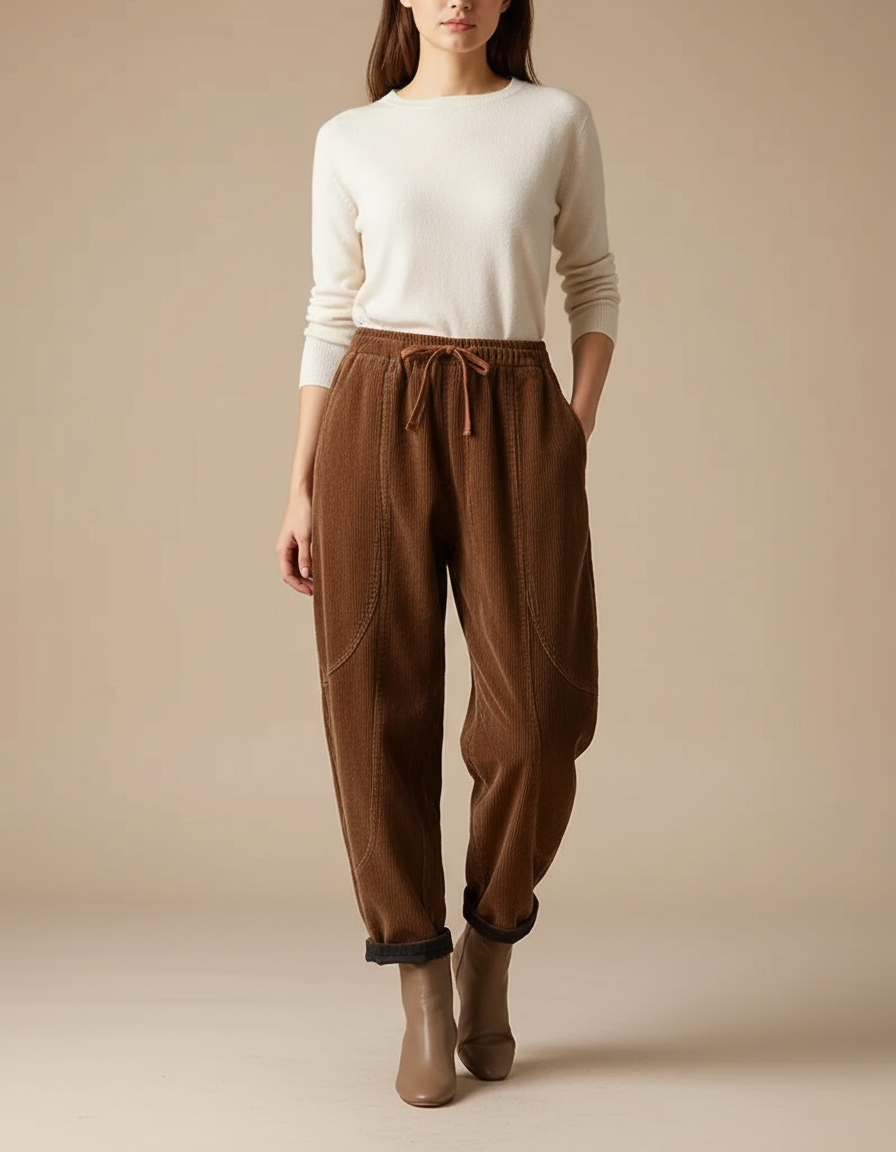 Pantalon Marron Côtelé Ample Décontracté Femme Hiver - Cordé