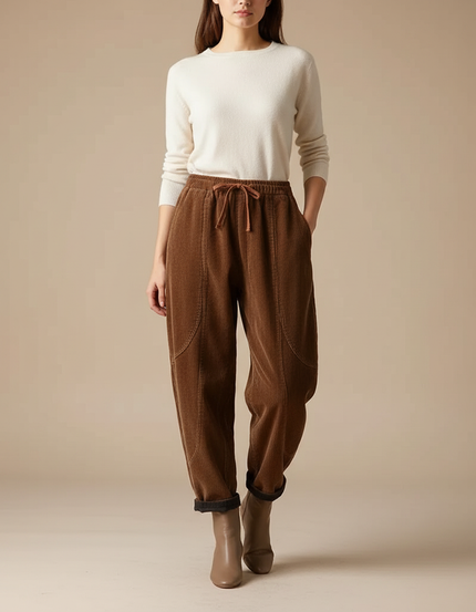 Pantalon Marron Côtelé Ample Décontracté Femme Hiver - Cordé