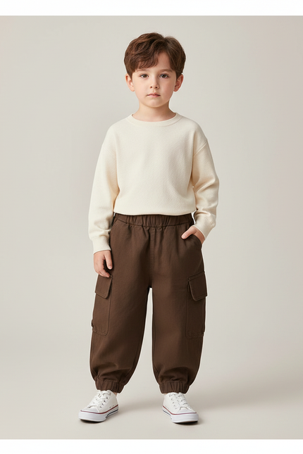 Pantalon Marron Cargo Ample Coton Enfant Élastique - Molleton