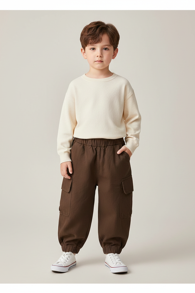 Pantalon Marron Cargo Ample Coton Enfant Élastique - Molleton