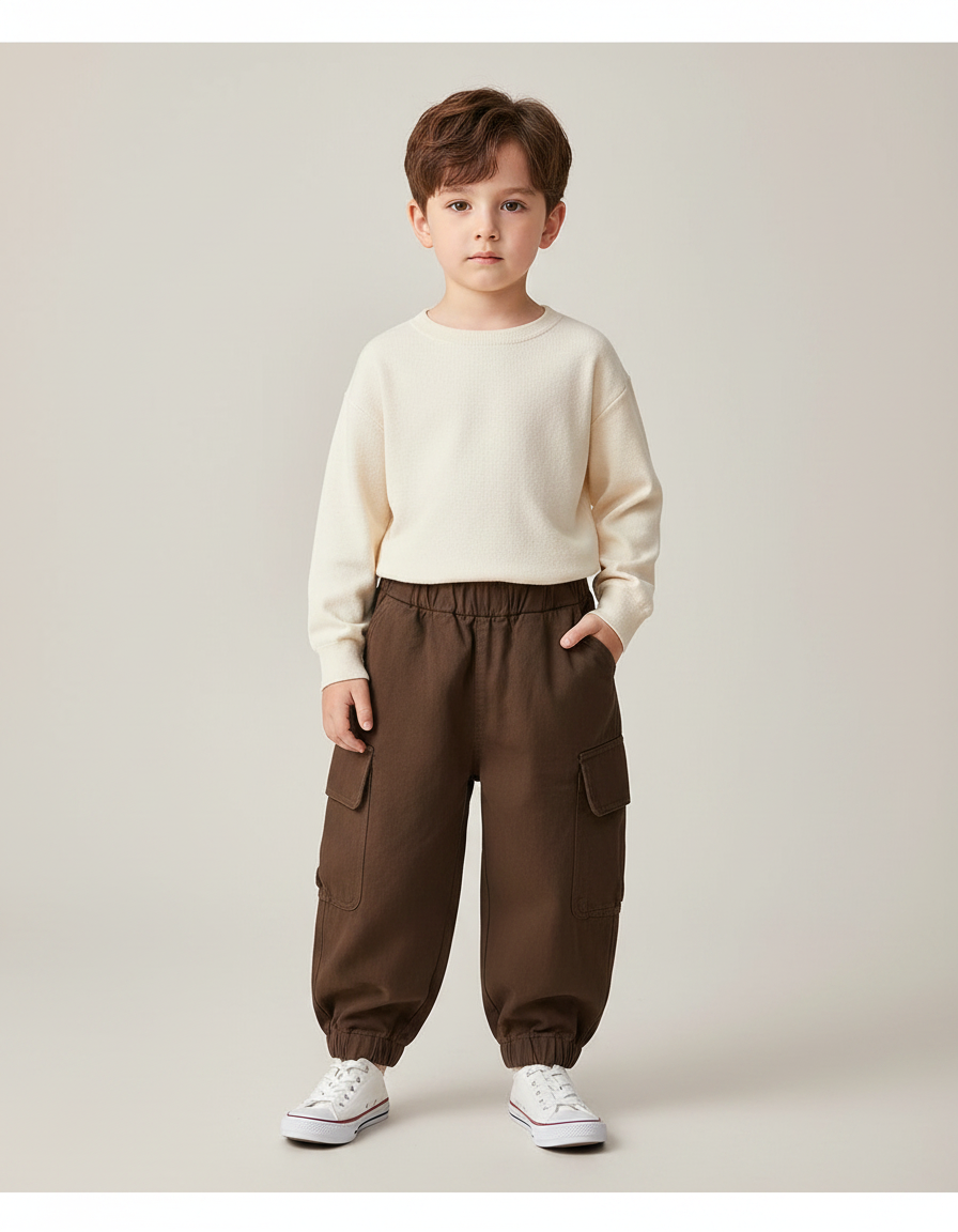 Pantalon Marron Cargo Ample Coton Enfant Élastique - Molleton