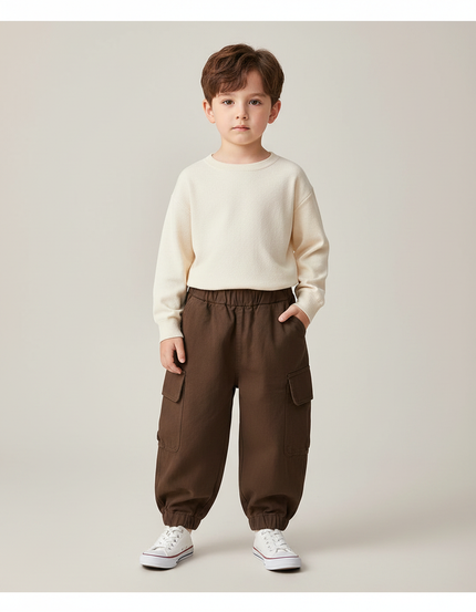 Pantalon Marron Cargo Ample Coton Enfant Élastique - Molleton