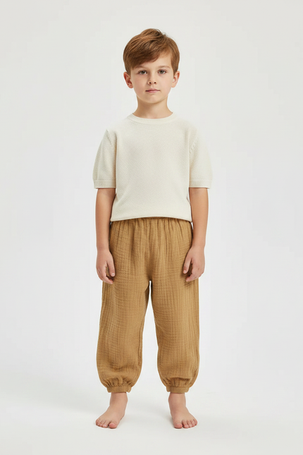 Pantalon Marron Coton Plissé Ample Respirant Enfant