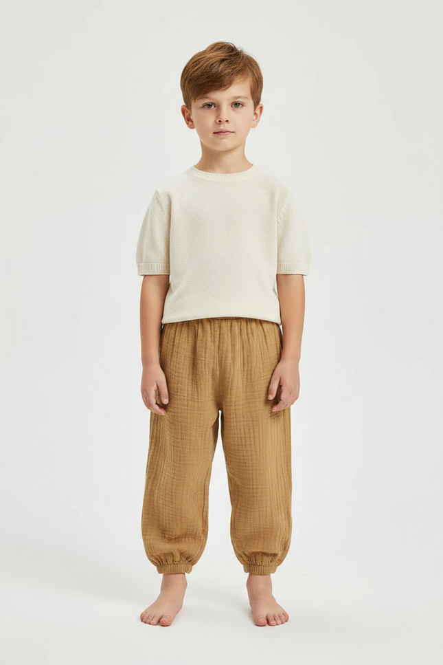 Pantalon Marron Coton Plissé Ample Respirant Enfant