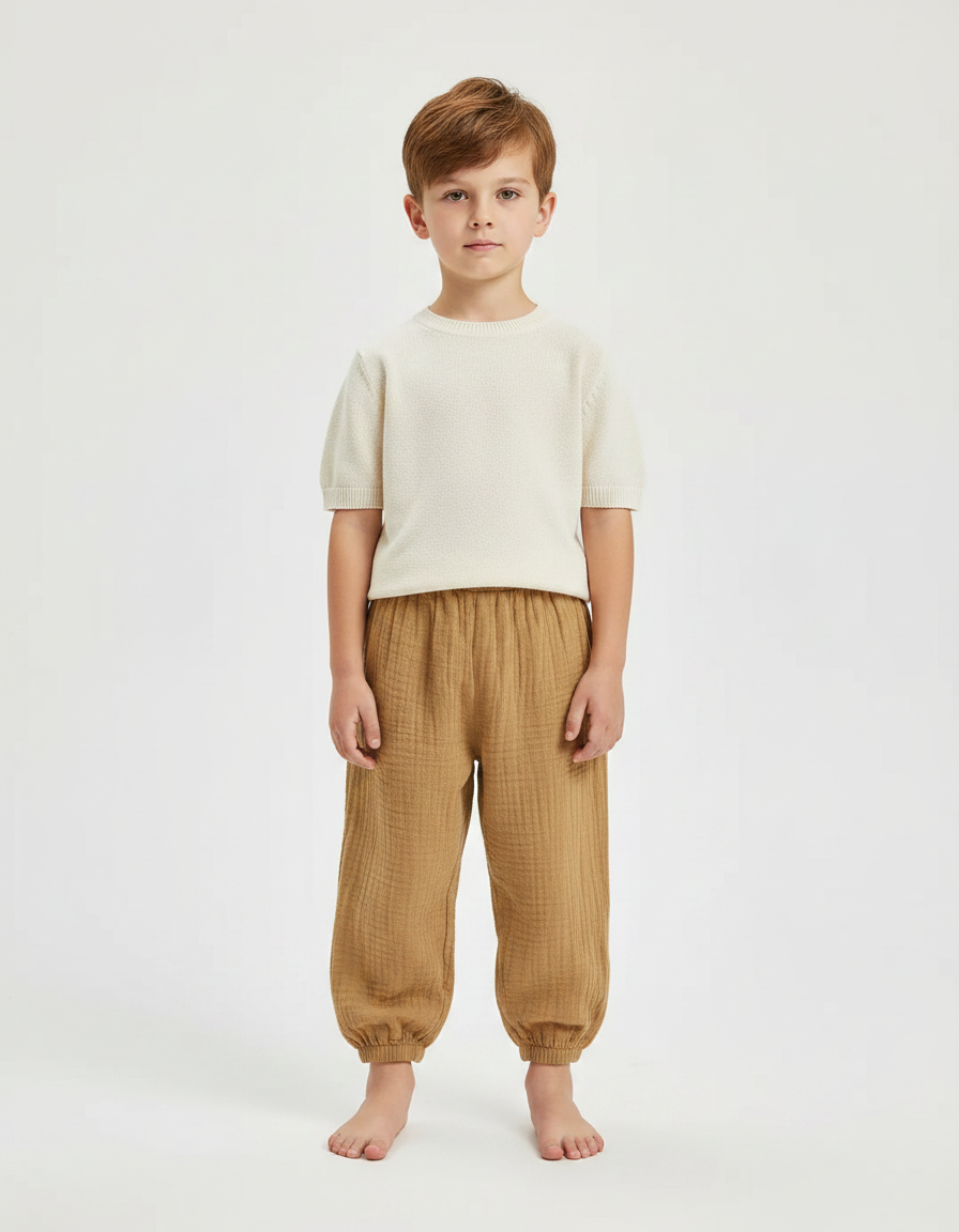 Pantalon Marron Coton Plissé Ample Respirant Enfant