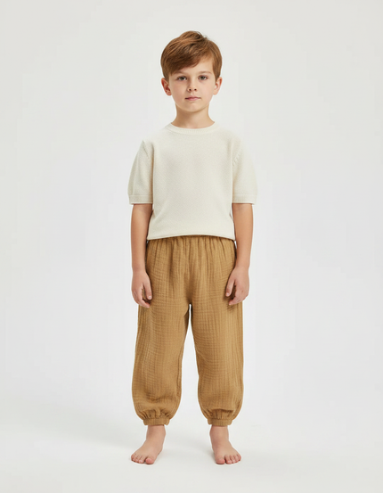 Pantalon Marron Coton Plissé Ample Respirant Enfant