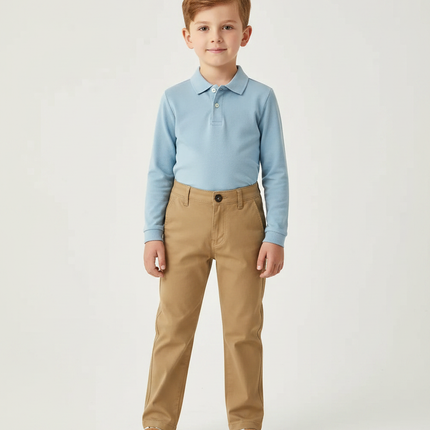 Pantalon Marron Garçon Coton Droit Classique Élégant - Kaki