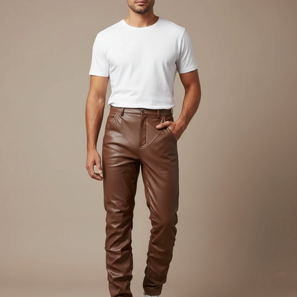 Pantalon Marron Cuir Slim Ajusté Homme - Simili cuir