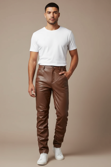 Pantalon Marron Cuir Slim Ajusté Homme - Simili cuir