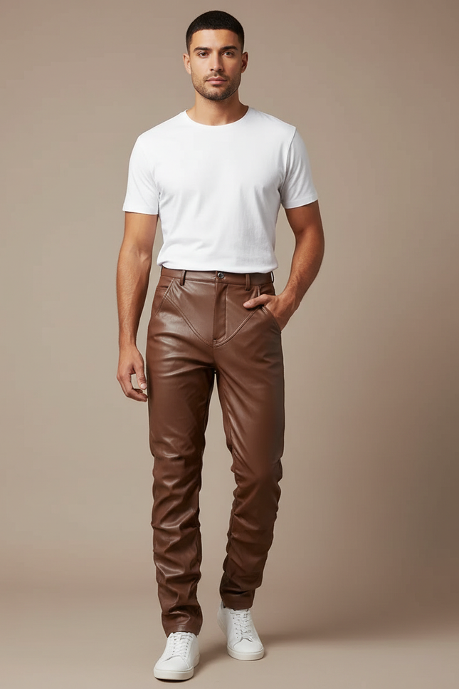 Pantalon Marron Cuir Slim Ajusté Homme - Simili cuir