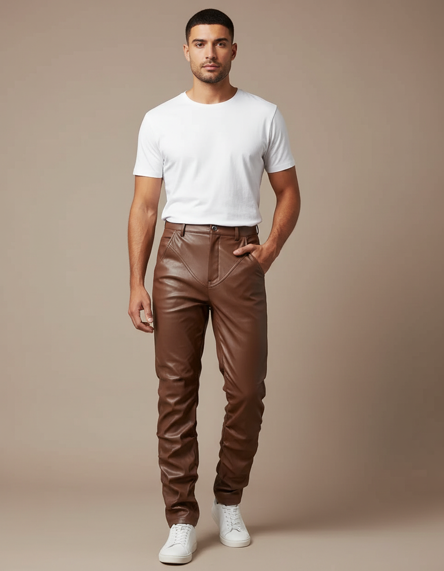 Pantalon Marron Cuir Slim Ajusté Homme - Simili cuir