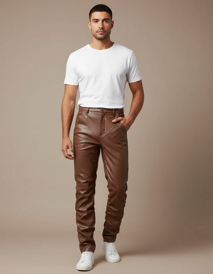 Pantalon Marron Cuir Slim Ajusté Homme - Simili cuir