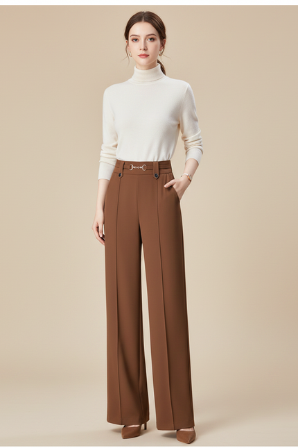 Pantalon Marron Droit Taille Haute Élégant Femme - Gabardine