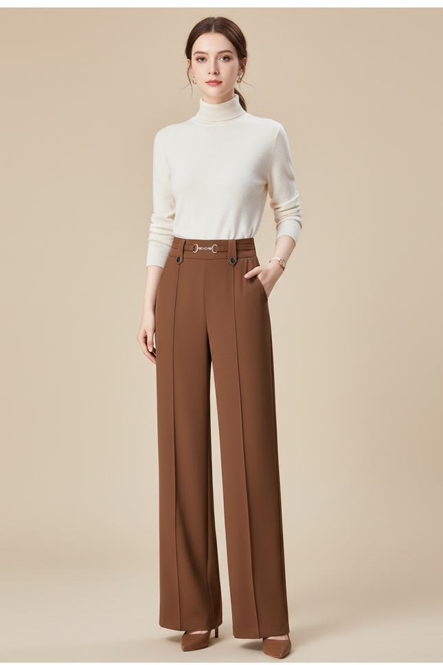 Pantalon Marron Droit Taille Haute Élégant Femme - Gabardine