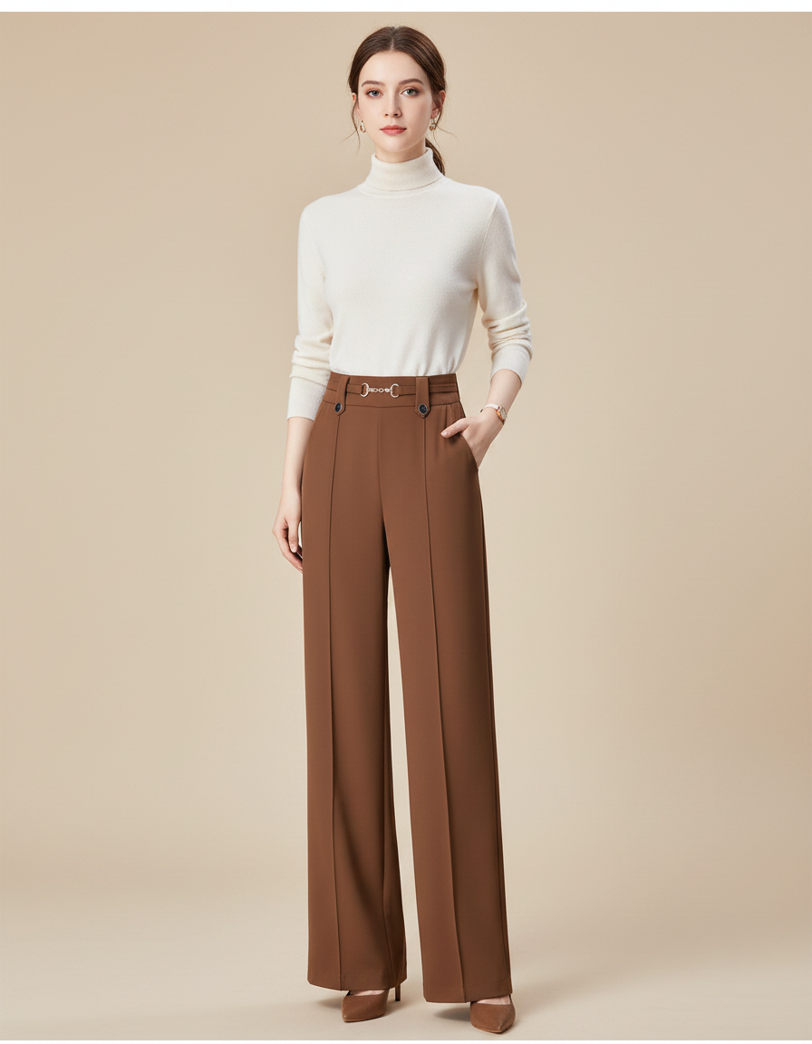 Pantalon Marron Droit Taille Haute Élégant Femme - Gabardine