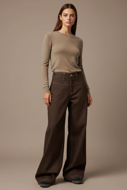 Pantalon Marron Ample, Coton, Taille Haute, Décontracté - Jean