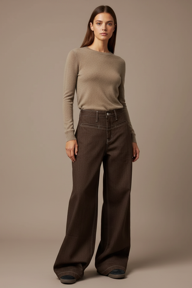 Pantalon Marron Ample, Coton, Taille Haute, Décontracté - Jean