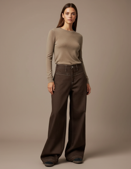 Pantalon Marron Ample, Coton, Taille Haute, Décontracté - Jean