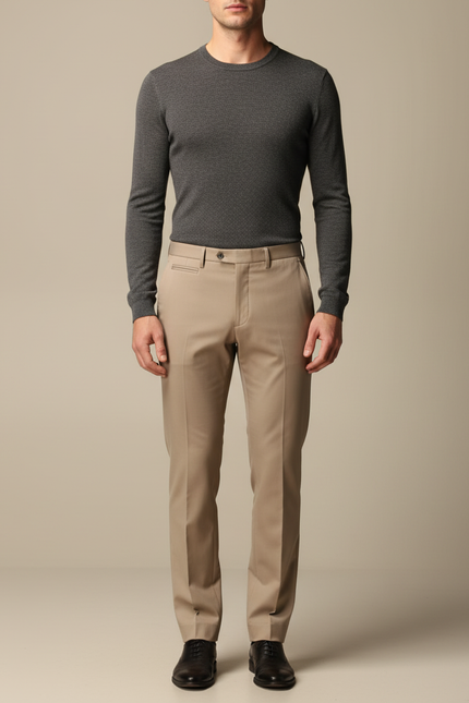 Pantalon Marron Homme Élégant Classique Droit Habillé - Beige Gabardine