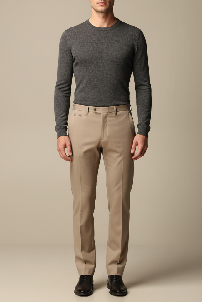 Pantalon Marron Homme Élégant Classique Droit Habillé - Beige Gabardine