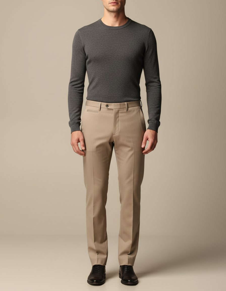Pantalon Marron Homme Élégant Classique Droit Habillé - Beige Gabardine