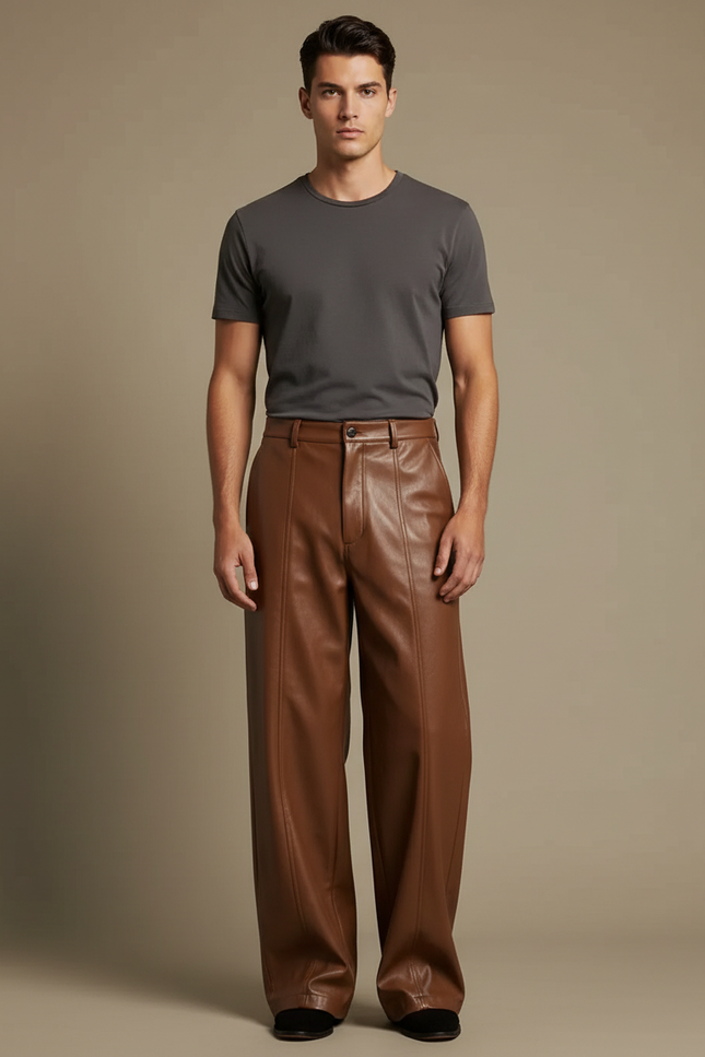 Pantalon Marron Cuir Ample Homme Décontracté