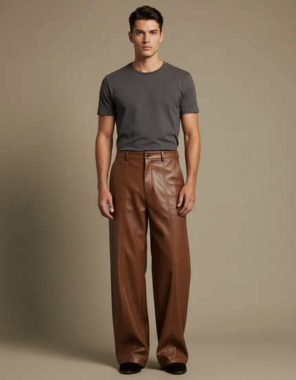 Pantalon Marron Cuir Ample Homme Décontracté