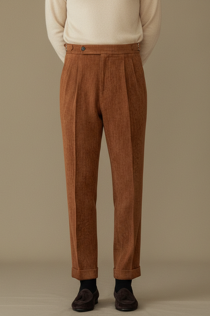 Pantalon Marron Plissé Velours Côtelé Élégant Homme - Cordé