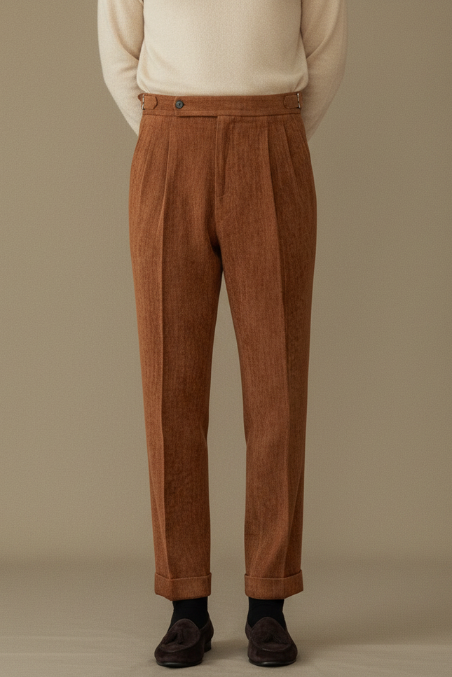 Pantalon Marron Plissé Velours Côtelé Élégant Homme - Cordé